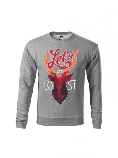 Szara bluza dziecięca z kolorowym motywem jelenia oraz napisem Let's Get Lost. Bluza wkładana, bez kaptura.
