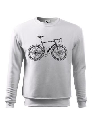 Biała bluza męska z czarnym nadrukiem anatomii roweru. Bluza wkładana, bez kaptura.