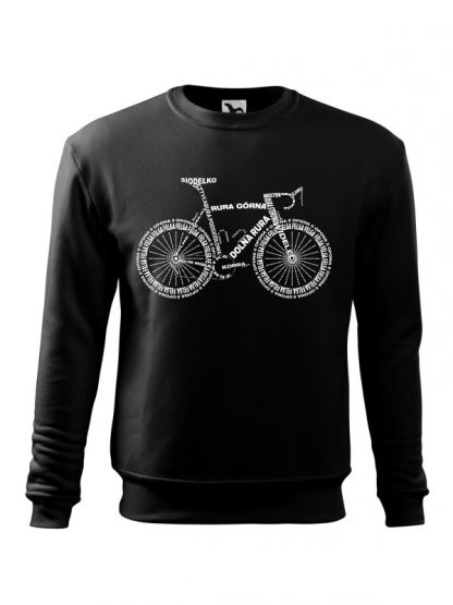 Czarna bluza męska z białym nadrukiem anatomii roweru. Bluza wkładana, bez kaptura.