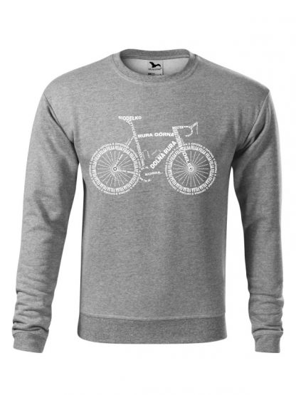 Szara bluza męska z białym nadrukiem anatomii roweru. Bluza wkładana, bez kaptura.