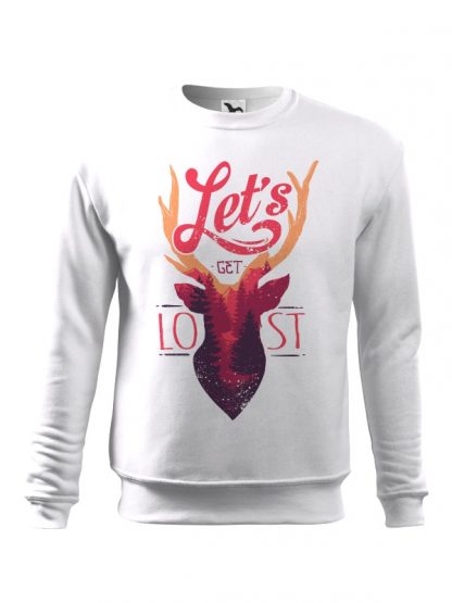 Biała bluza męska z kolorowym motywem jelenia oraz napisem Let's Get Lost. Bluza wkładana, bez kaptura.