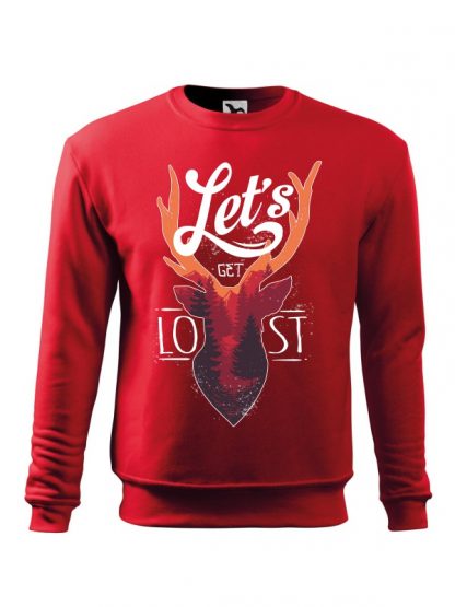 Czerwona bluza męska z kolorowym motywem jelenia oraz napisem Let's Get Lost. Bluza wkładana, bez kaptura.