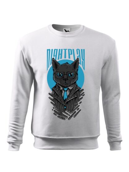 Biała bluza męska z wizerunkiem kota w garniturze i okularach oraz napisem Nightplay. Bluza wkładana, bez kaptura.