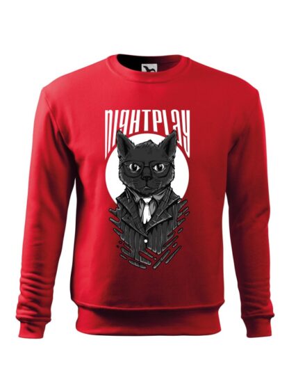 Czerwona bluza męska z wizerunkiem kota w garniturze i okularach oraz napisem Nightplay. Bluza wkładana, bez kaptura.