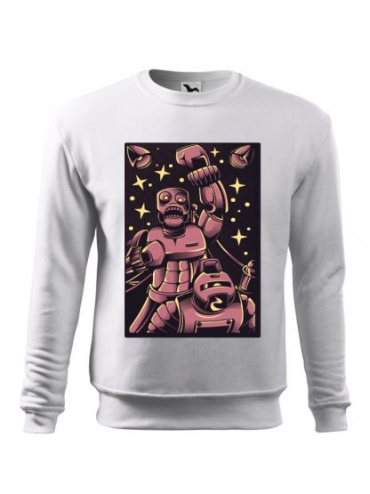 Biała bluza męska z komiksowym nadrukiem bokserskiej walki robotów. Bluza wkładana, bez kaptura.