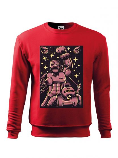 Czerwona bluza męska z komiksowym nadrukiem bokserskiej walki robotów. Bluza wkładana, bez kaptura.