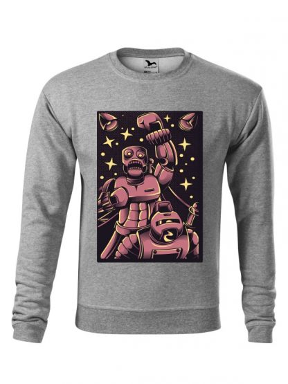 Szara bluza męska z komiksowym nadrukiem bokserskiej walki robotów. Bluza wkładana, bez kaptura.