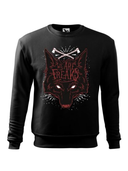 Czarna bluza męska z czarnym motywem wilka oraz napisem We Are Freaks. Bluza wkładana, bez kaptura.