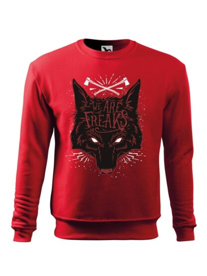 Czerwona bluza męska z czarnym motywem wilka oraz napisem We Are Freaks. Bluza wkładana, bez kaptura.