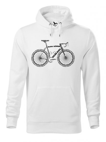 Biała bluza męska z czarnym nadrukiem anatomii roweru. Bluza typu „kangur” z kapturem.