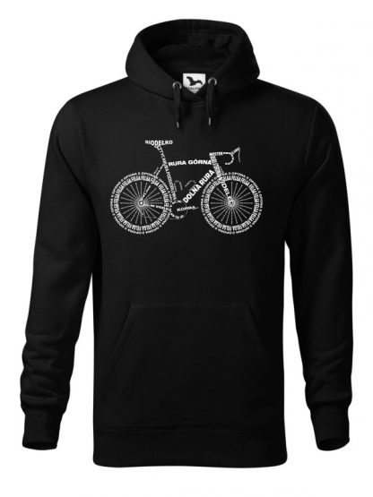 Czarna bluza męska z białym nadrukiem anatomii roweru. Bluza typu „kangur” z kapturem.