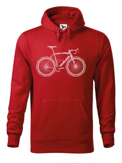 Czerwona bluza męska z białym nadrukiem anatomii roweru. Bluza typu „kangur” z kapturem.