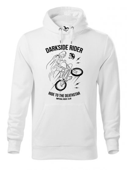 Biała bluza męska z czarnym nadrukiem Darkside Rider, nawiązującym do popularnych filmów sci-fi. Bluza typu „kangur” z kapturem.