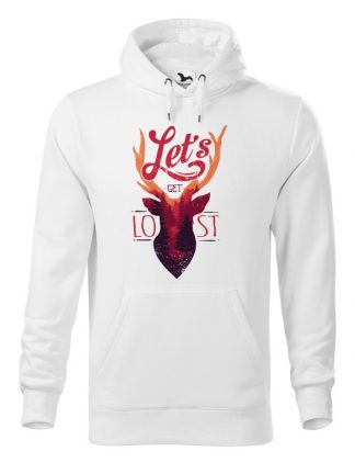 Biała bluza męska z kolorowym motywem jelenia oraz napisem Let's Get Lost. Bluza typu „kangur” z kapturem.