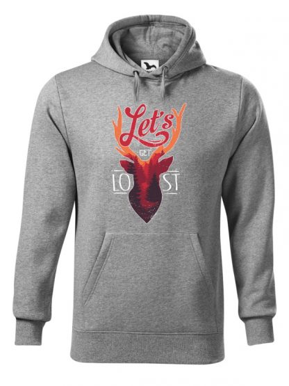 Szara bluza męska z kolorowym motywem jelenia oraz napisem Let's Get Lost. Bluza typu „kangur” z kapturem.