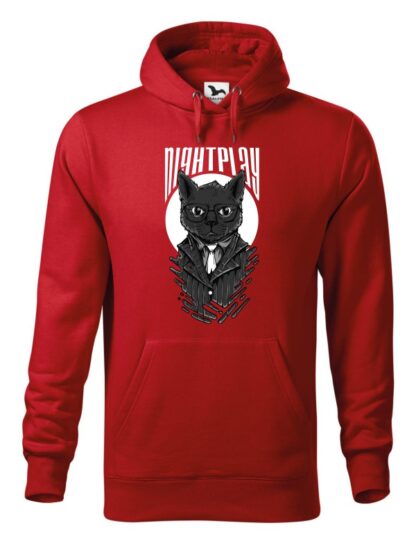 Czerwona bluza męska z wizerunkiem kota w garniturze i okularach oraz napisem Nightplay. Bluza typu „kangur” z kapturem.