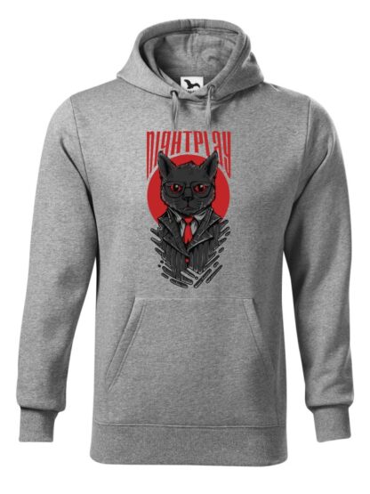Szara bluza męska z wizerunkiem kota w garniturze i okularach oraz napisem Nightplay. Bluza typu „kangur” z kapturem.