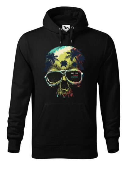 Czarna bluza męska z kolorowym motywem czaszki oraz napisem Say Yes To New Adventures. Bluza typu „kangur” z kapturem.