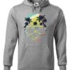 Szara bluza męska z kolorowym motywem czaszki oraz napisem Say Yes To New Adventures. Bluza typu „kangur” z kapturem.