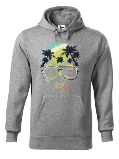 Szara bluza męska z kolorowym motywem czaszki oraz napisem Say Yes To New Adventures. Bluza typu „kangur” z kapturem.
