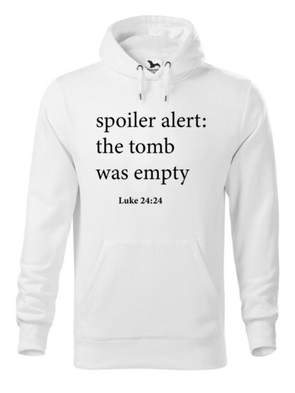 Biała bluza męska z nawiązującym do Biblii napisem Spoiler Alert: The Tomb Was Empty. Bluza typu „kangur” z kapturem.