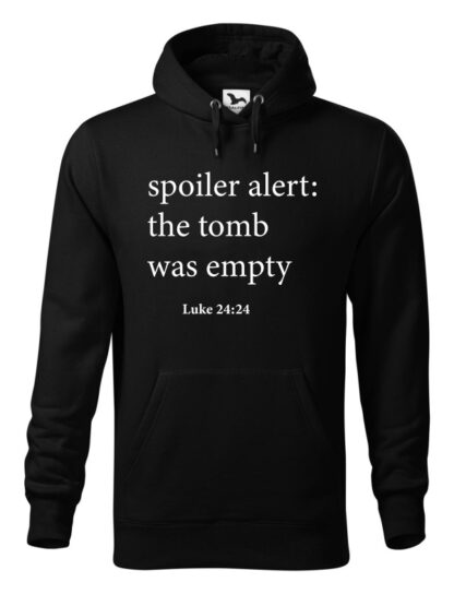 Czarna bluza męska z nawiązującym do Biblii napisem Spoiler Alert: The Tomb Was Empty. Bluza typu „kangur” z kapturem.