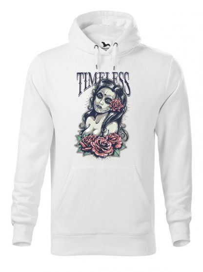 Biała bluza męska z kolorowym nadrukiem Timeless. Bluza typu „kangur” z kapturem.