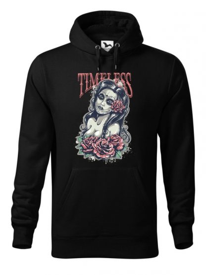 Czarna bluza męska z kolorowym nadrukiem Timeless. Bluza typu „kangur” z kapturem.