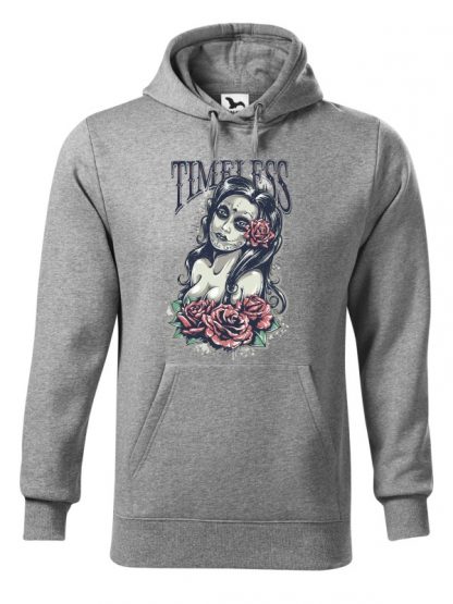 Szara bluza męska z kolorowym nadrukiem Timeless. Bluza typu „kangur” z kapturem.