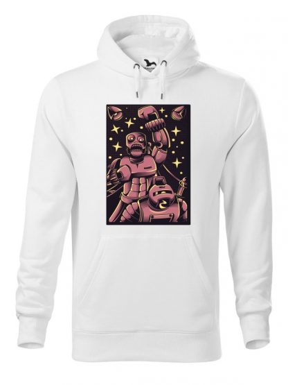 Biała bluza męska z komiksowym nadrukiem bokserskiej walki robotów. Bluza typu „kangur” z kapturem.