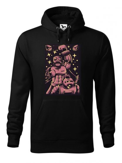 Czarna bluza męska z komiksowym nadrukiem bokserskiej walki robotów. Bluza typu „kangur” z kapturem.
