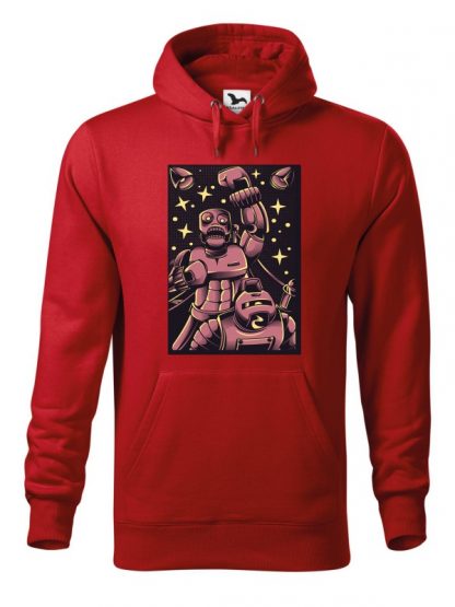 Czerwona bluza męska z komiksowym nadrukiem bokserskiej walki robotów. Bluza typu „kangur” z kapturem.
