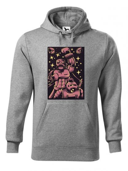 Szara bluza męska z komiksowym nadrukiem bokserskiej walki robotów. Bluza typu „kangur” z kapturem.