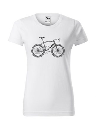 Damska koszulka z krótkim rękawem i czarnym nadrukiem anatomii roweru. Koszulka w kolorze białym.