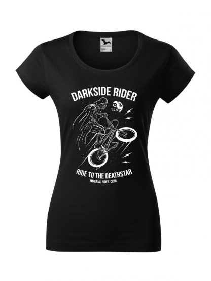 Damska koszulka z krótkim rękawem i białym nadrukiem Darkside Rider, nawiązującym do popularnych filmów sci-fi. Koszulka o kroju slim-fit z dekoltem, w kolorze czarnym.