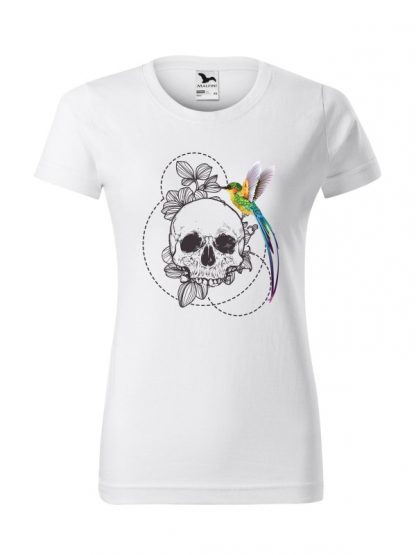 Damska koszulka z krótkim rękawem i nadrukiem w stylu boho, przedstawiającym kolorowego kolibra siedzącego na czaszce. Koszulka standardowa, w kolorze białym
