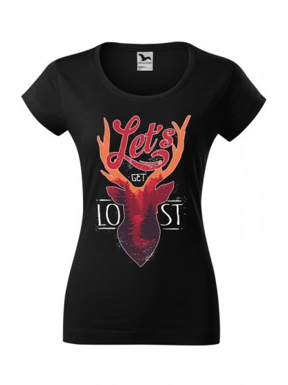 Damska koszulka z krótkim rękawem i kolorowym motywem jelenia oraz napisem Let's Get Lost. Koszulka o kroju slim-fit z dekoltem, w kolorze czarnym.