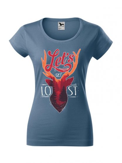 Damska koszulka z krótkim rękawem i kolorowym motywem jelenia oraz napisem Let's Get Lost. Koszulka o kroju slim-fit z dekoltem, w kolorze jeans.