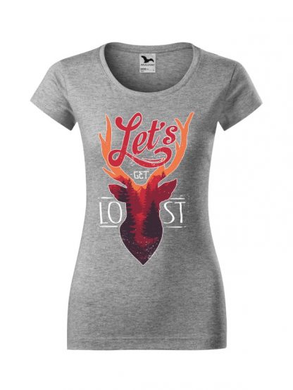 Damska koszulka z krótkim rękawem i kolorowym motywem jelenia oraz napisem Let's Get Lost. Koszulka o kroju slim-fit z dekoltem, w kolorze szarym.