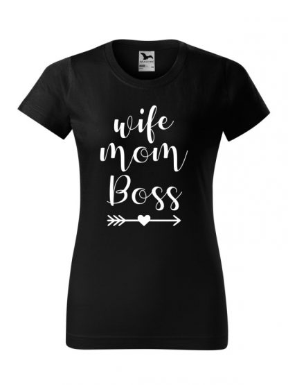 Damska koszulka z krótkim rękawem i białym napisem Wife, Mom, Boss. Koszulka o kroju standardowym, w kolorze czarnym.