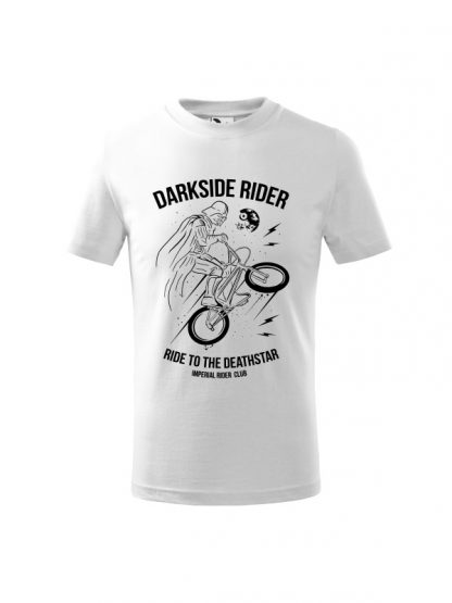 Dziecięca koszulka z krótkim rękawem i czarnym nadrukiem Darkside Rider, nawiązującym do popularnych filmów sci-fi. Koszulka biała.