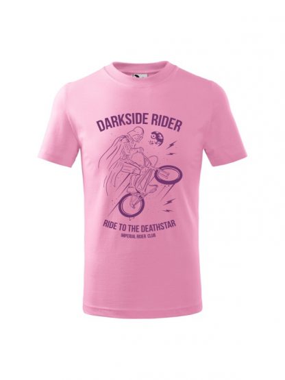 Dziecięca koszulka z krótkim rękawem i ciemnoróżowym nadrukiem Darkside Rider, nawiązującym do popularnych filmów sci-fi. Koszulka różowa.