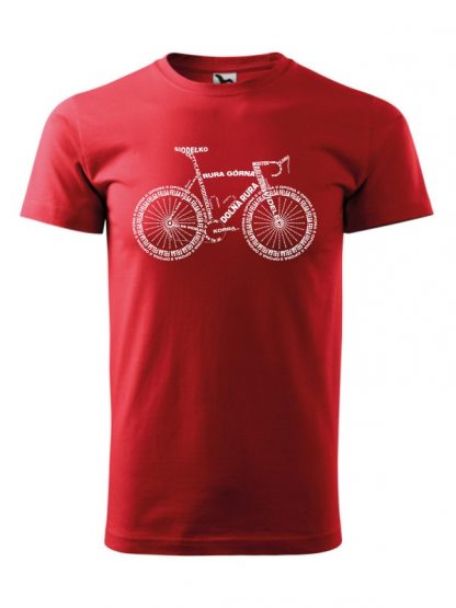 Męska koszulka z krótkim rękawem i białym nadrukiem anatomii roweru. Koszulka czerwona.