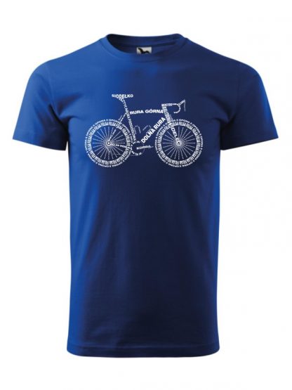 Męska koszulka z krótkim rękawem i białym nadrukiem anatomii roweru. Koszulka niebieska.