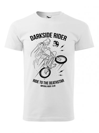 Męska koszulka z krótkim rękawem i czarnym nadrukiem Darkside Rider, nawiązującym do popularnych filmów sci-fi. Koszulka biała.