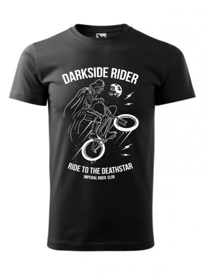Męska koszulka z krótkim rękawem i białym nadrukiem Darkside Rider, nawiązującym do popularnych filmów sci-fi. Koszulka czarna.
