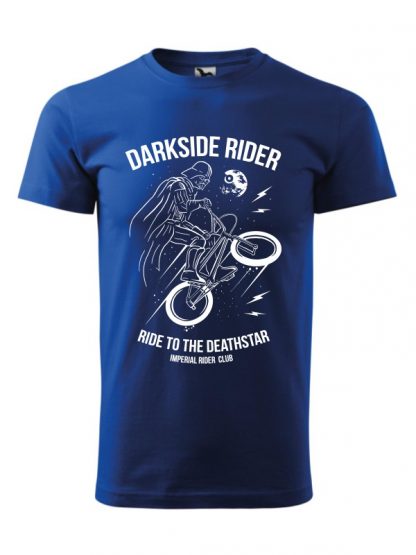 Męska koszulka z krótkim rękawem i białym nadrukiem Darkside Rider, nawiązującym do popularnych filmów sci-fi. Koszulka niebieska.
