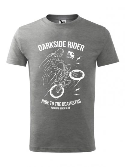 Męska koszulka z krótkim rękawem i białym nadrukiem Darkside Rider, nawiązującym do popularnych filmów sci-fi. Koszulka szara.