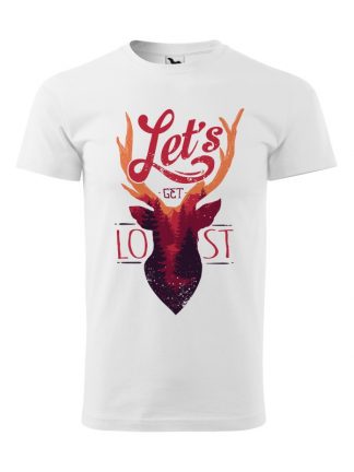 Męska koszulka z krótkim rękawem i kolorowym motywem jelenia oraz napisem Let's Get Lost. Koszulka biała.