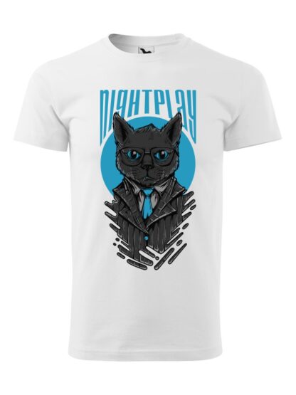 Męska koszulka z krótkim rękawem i wizerunkiem kota w garniturze i okularach oraz napisem Nightplay. Koszulka biała.